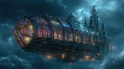 Futuristic cathedral with stained glass windows during a thunderstorm at night