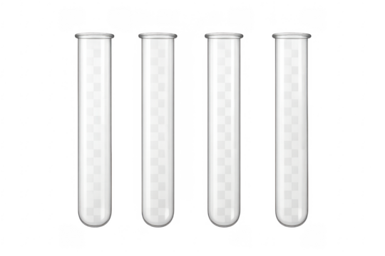 Four empty test tubes on transparent background representing scientific experimentation