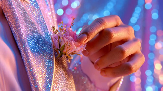 Close-up of a hand pinning a boutonniere to a satin lapel with sequined curtain and colored lighting reflections