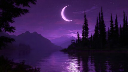 Purple moonlit night over a serene lake and mountains.