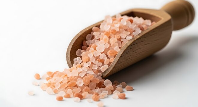 Wooden scoop filled with pink himalayan salt crystals spilling onto a white background isolated on white background - Powered by Adobe