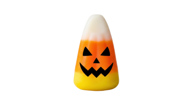 Halloween candy corn shaped like a jack-o'-lantern against a white background.