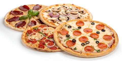 Set of pizzas with various toppings isolated on transparent background  