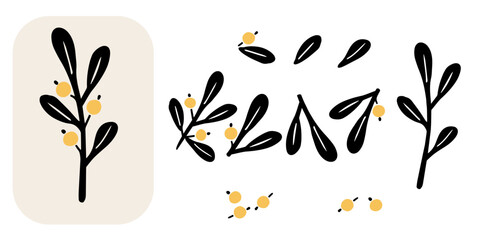 Flat vector illustration of black branch with small yellow fruits. Perfect for seasonal crafts, greeting cards, packaging, textile patterns, wrapping paper and posters