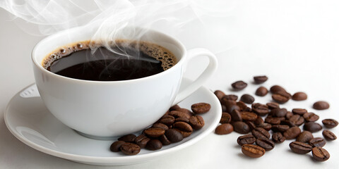 Black coffee with smoke in white cup with coffee beans isolated on transparent background  