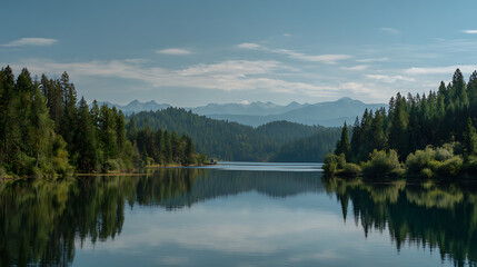 A serene lake view with dense woods and a distant mountain range against the horizon (1)