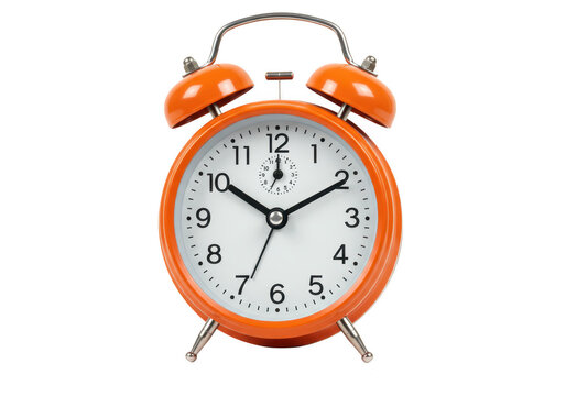 Orange twin bell alarm clock isolated on transparent background
