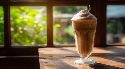 Iced coffee drink in a tall glass with frothy top.
