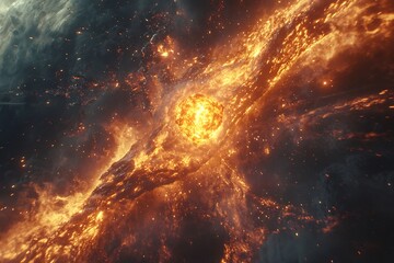 Fototapeta premium Glowing meteorite crashing through Earths atmosphere burning a fiery streak of orange and red as it plummets toward the ground