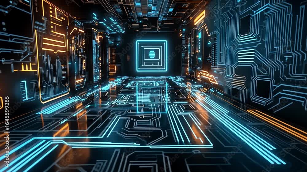Poster futuristic digital corridor glowing circuit patterns and neon lights create high tech atmosphere of 
