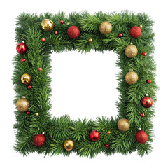 Square christmas wreath with ornaments isolated on transparent background