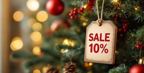 Christmas holiday sale tag showing 10% discount hanging on festive tree with ornaments and lights, bright bokeh background, business concept image. Ai generative