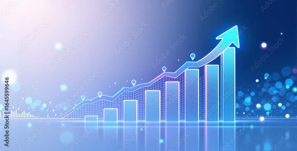 Poster digital glowing bar chart with upward arrow showing business growth on futuristic blue background wi