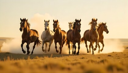 Fototapeta premium Group of horses running across golden field during warm glowing sunset light