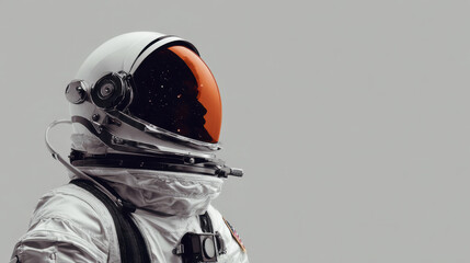 Astronaut space suit helmet orange visor space exploration technology isolated white background futuristic protection