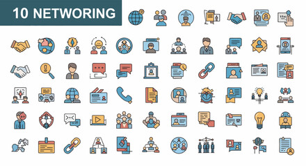 Colorful icons illustrating networking concepts: collaboration, communication, connections, and online interactions.