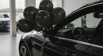 New Car Gift with Black Balloons at Car Dealership