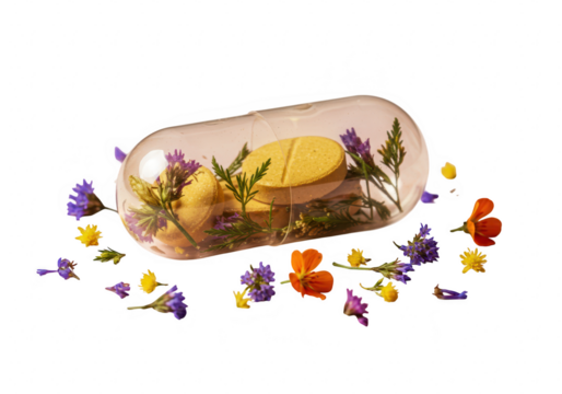 Herbal medicine capsule with flowers isolated on transparent background