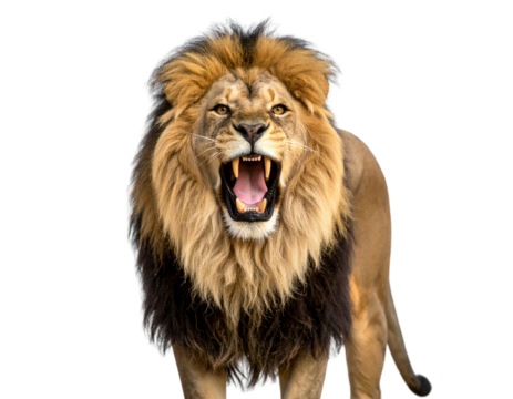 Majestic Male Lion Roaring with Mouth Wide Open, Front View, Isolated on Transparent Background