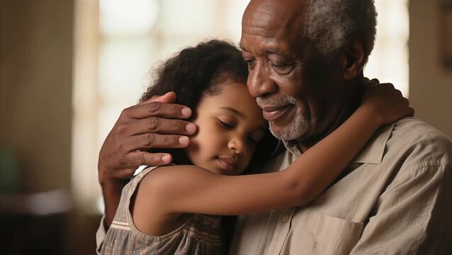 Anciano  de rostro amable,  abrazando tiernamente a su nieta