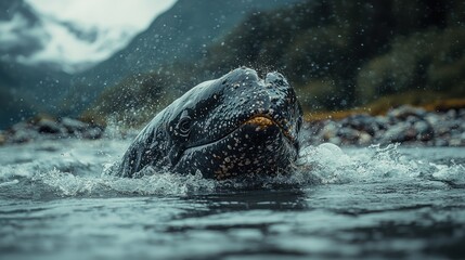 Obraz premium Majestic Whale Emerging from the Depths in a Mountain River