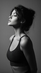 Fototapeta premium Black and white portrait of a woman looking up with a contemplative expression
