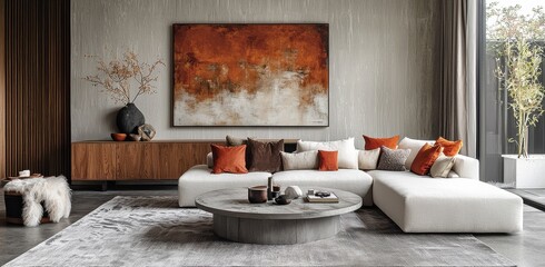 Modern living room with abstract art, cozy sectional sofa, and earthy tones creating a warm, inviting atmosphere