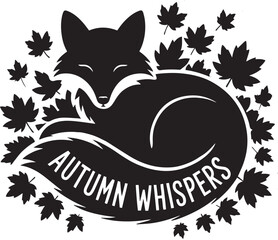 Black silhouette of a fox curled up on autumn leaves, minimal wildlife illustration, cozy fall season nature artwork

