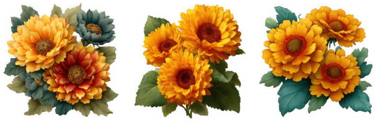 Three arrangements of yellow and orange flowers with green leaves, isolated on transparent background