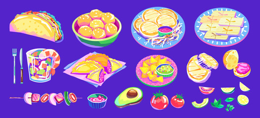 Collection of Hand Drawn Flat Latin American Street Food Dishes