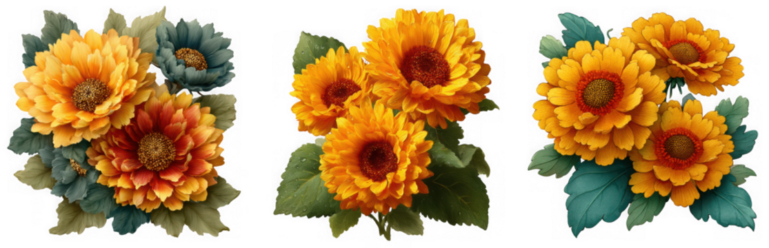 Three arrangements of yellow and orange flowers with green leaves, isolated on transparent background - Powered by Adobe