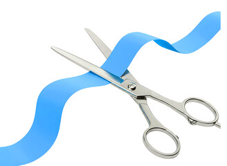 Hand holding scissors cutting a BULEribbon isolated on transparent background