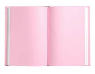 Open Pink Hardcover Book, Top-Down 3D Render, Pages Spread Wide, Isolated on Transparent Background