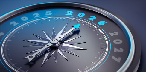 Dark stylish compass with needle pointing to the year number 2026 - 3D illustration