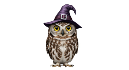 Cute owl wearing a witch's hat, digitally rendered.