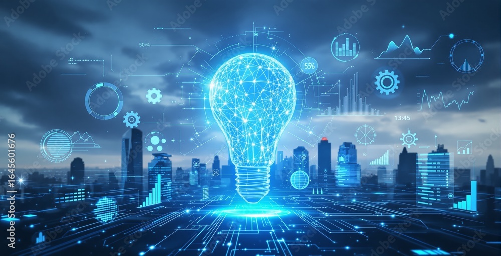 Poster futuristic glowing light bulb with digital data graphics and charts on city skyline background repre
