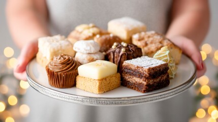 A person holds a plate filled with an assortment of various bite-sized desserts and pastries.