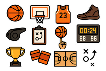 Basketball icon set for sports design. Vector cartoon symbols of game equipment: ball, hoop, jersey, shoe. Coaching strategy clipboard, scoreboard, and winner's trophy.