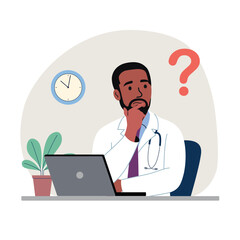 Thinking medic man with question mark before the laptop. Flat style cartoon vector illustration.