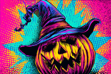 A vibrant, artistic depiction of a spooky pumpkin wearing a witch's hat against a colorful background