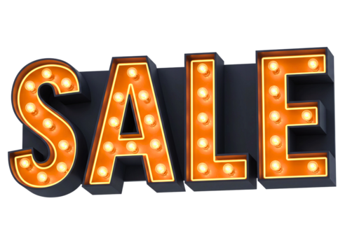 Retro marquee light up sale sign isolated on transparent background