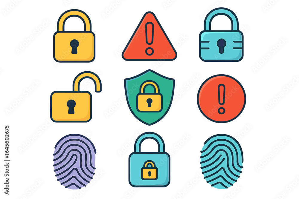 Poster cybersecurity icon set for data protection and privacy. vector illustration of lock, unlock, fingerp