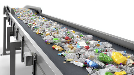 Plastic bottle recycling conveyor belt with mixed waste materials in sorting facility, showing colorful crushed containers and environmental cleanup effort