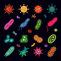 Vector Set of Colorful Germs, Viruses, and Bacteria – Cute Microbiology Illustration for Science Education, Healthcare Projects, and Medical Research Designs