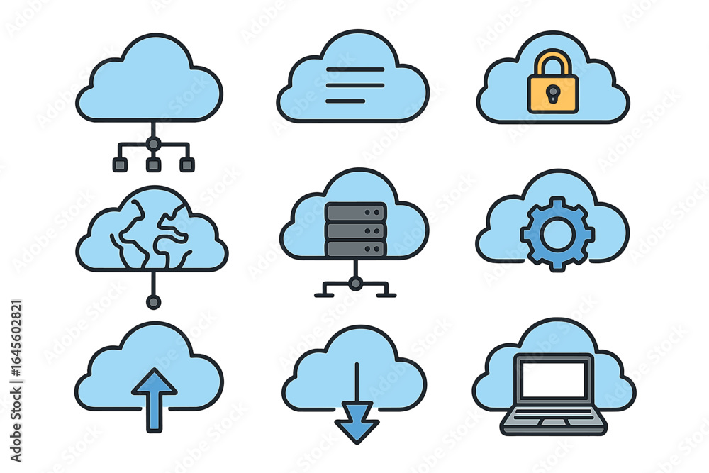 Poster cloud computing technology icon set. vector icons for data storage, server hosting, network connecti