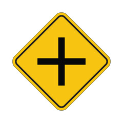 Yellow Warning Sign with Cross Symbol Indicating Caution Ahead