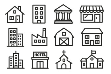 Fototapeta premium Building line icon set. Real estate and architecture symbols. Vector collection of house, apartment, bank, shop, factory, barn, hotel, church and school icons. Simple outline.