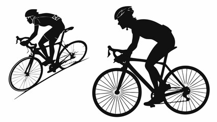 Fototapeta premium Two Cyclists Silhouettes Riding Racing Bikes with Helmets and Sportswear.