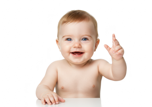 Happy baby smiling and raising hand isolated on transparent background