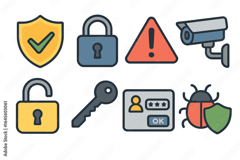 Poster security icons set for cybersecurity and data protection. vector graphic collection with shield, loc